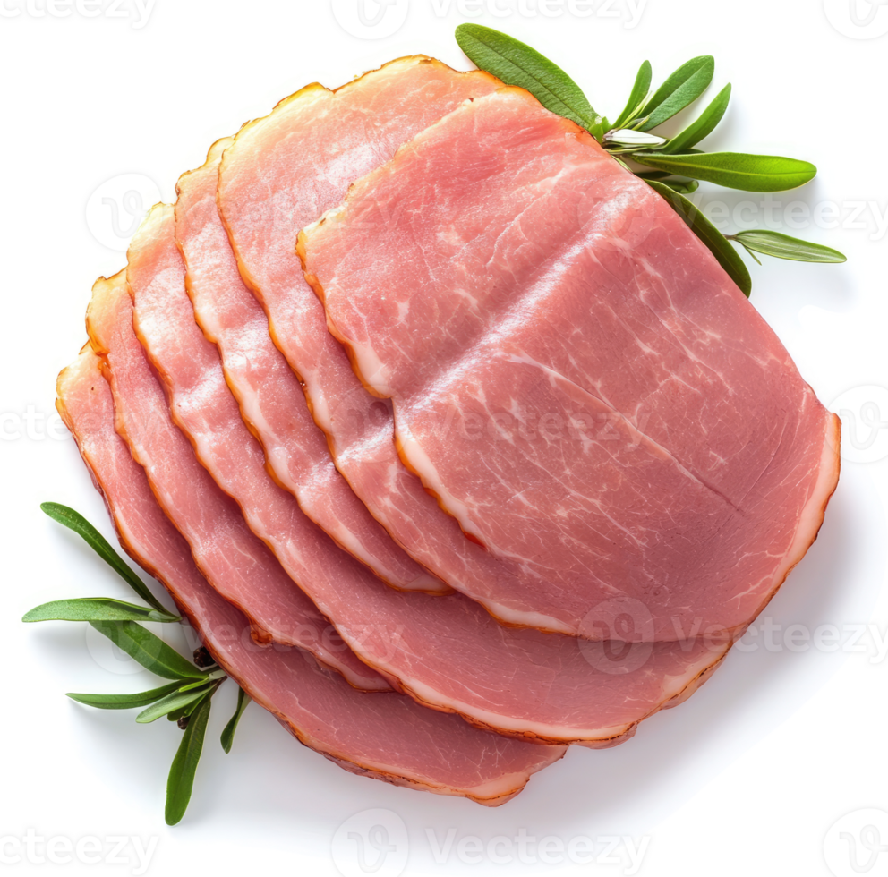 Sliced ham, ready to eat, presented on a white plate. png