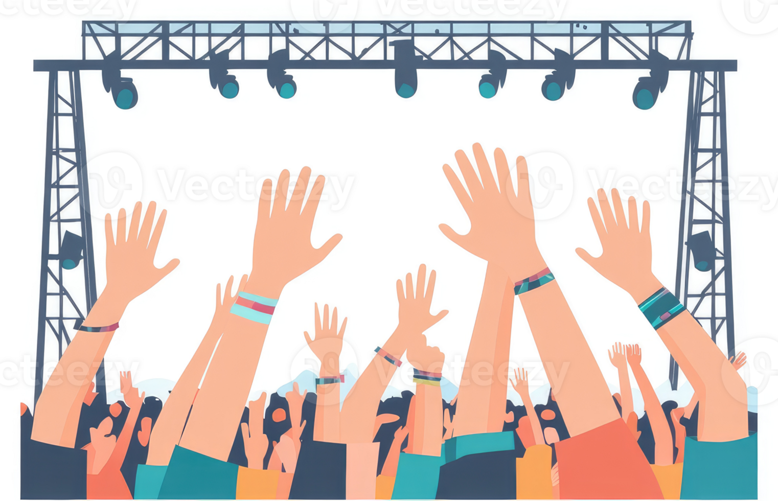 A vibrant crowd of enthusiastic concertgoers raising their hands in the air. png