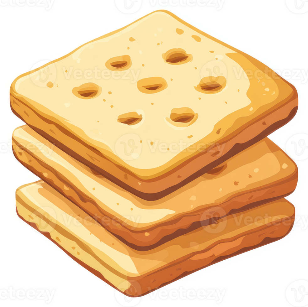 A stack of three golden-brown, square slices of bread with holes. png