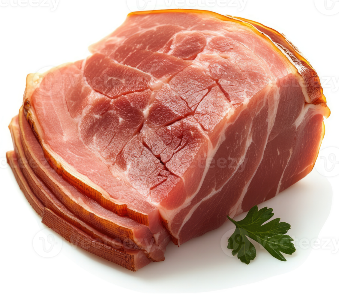 Sliced cured ham with a sprig of fresh parsley. png