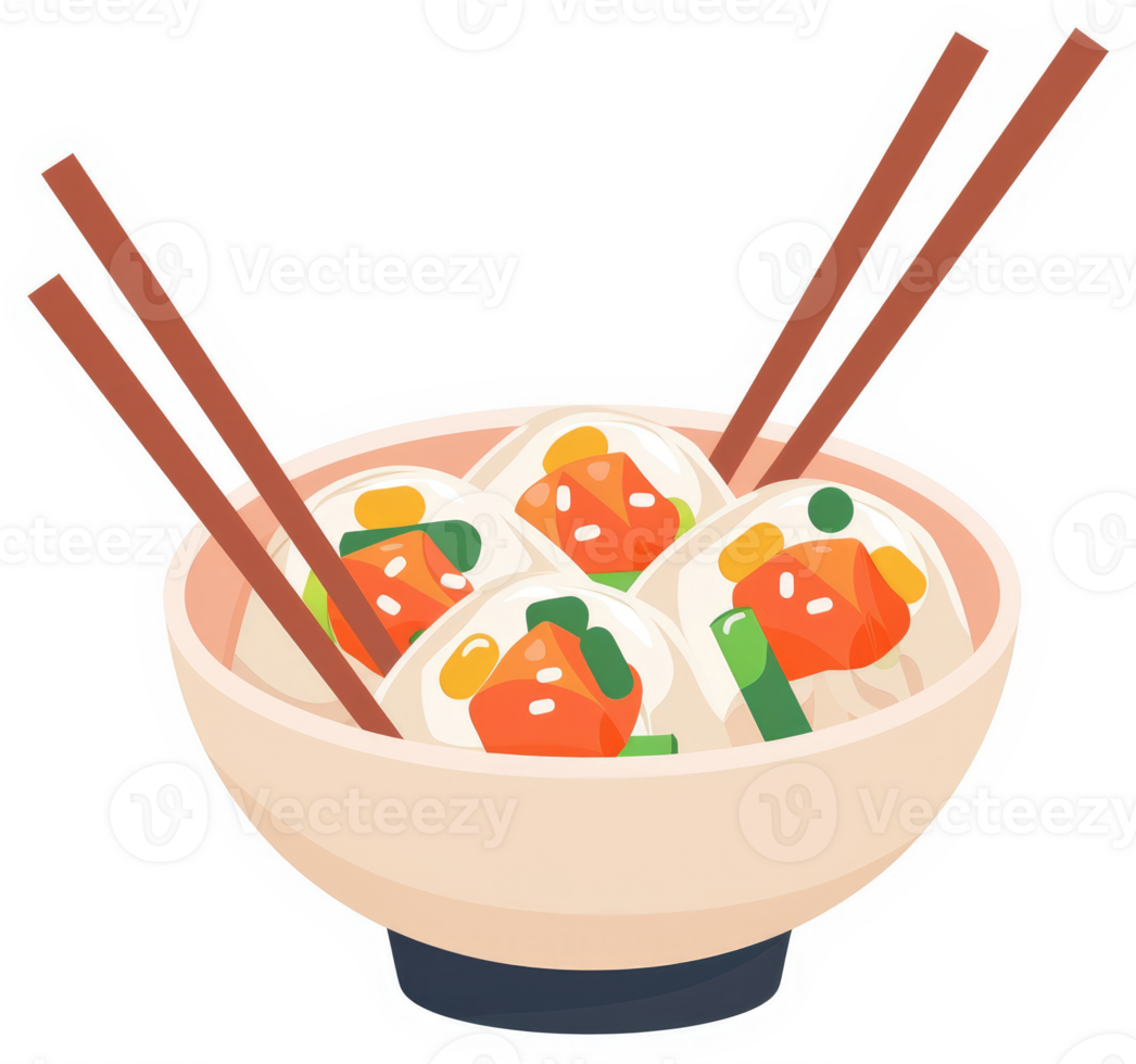 A bowl of colorful sushi rolls with chopsticks. png