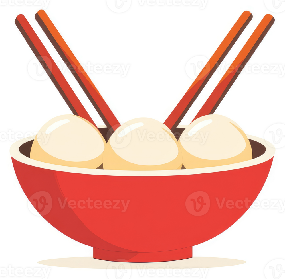 A red bowl of dumplings with chopsticks. png