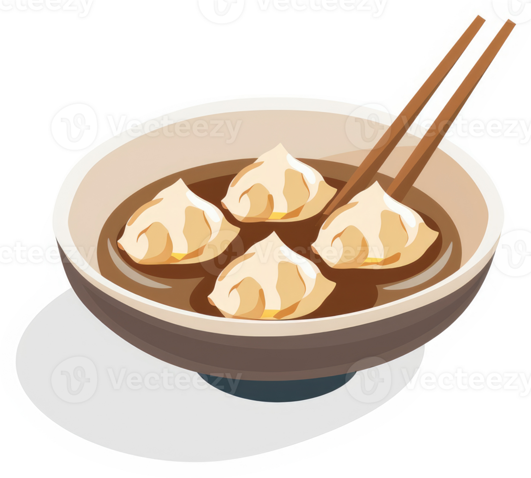 A bowl of delicious dumplings in a savory broth. png