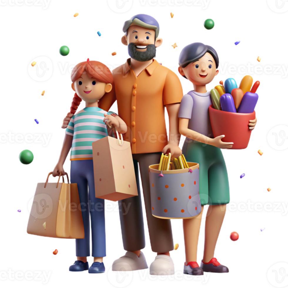 vibrant traditional Family Using Reusable Bags Grocery Shopping Isolated detailed png