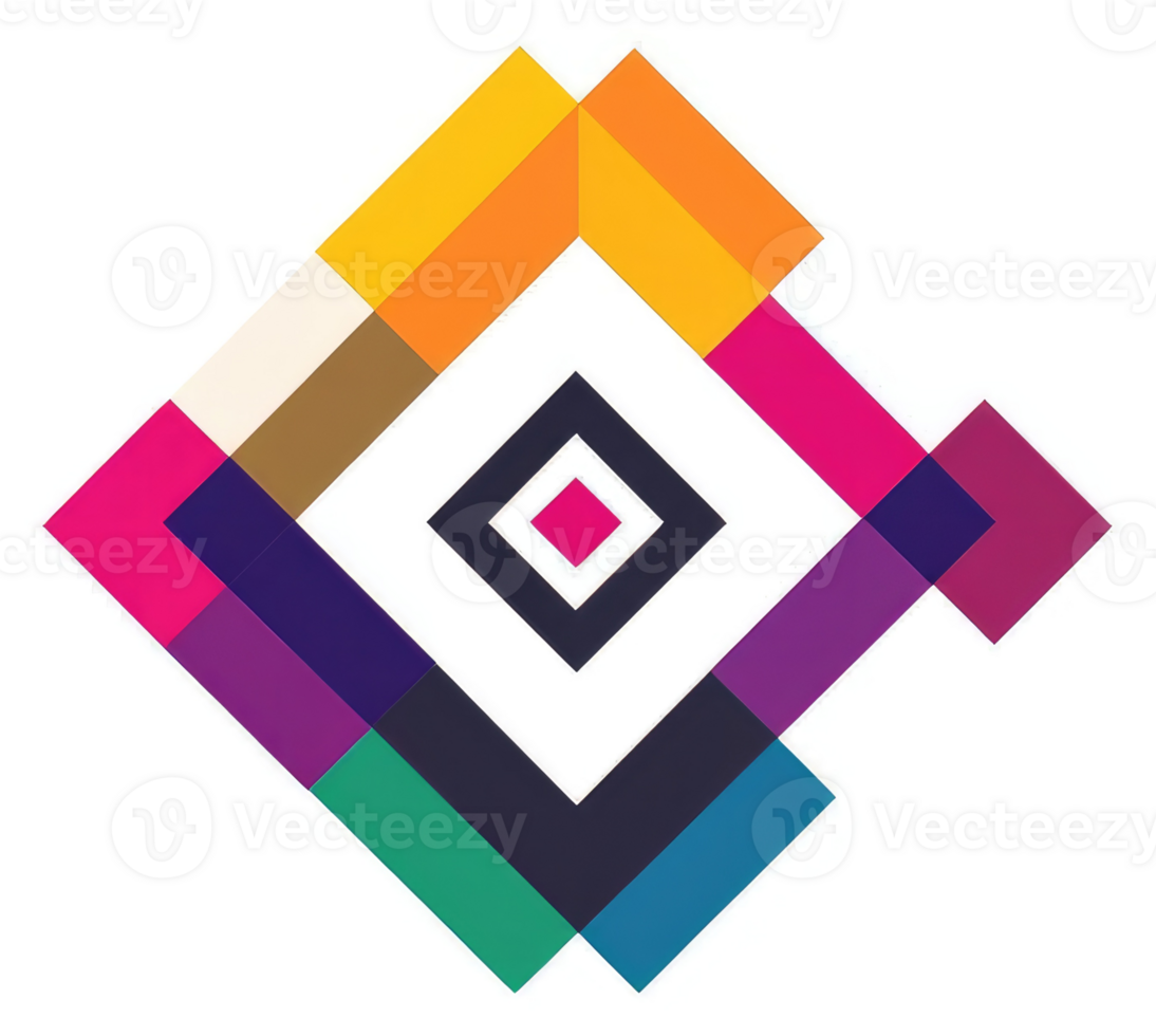 A vibrant, geometric design featuring overlapping squares in a diamond shape. png