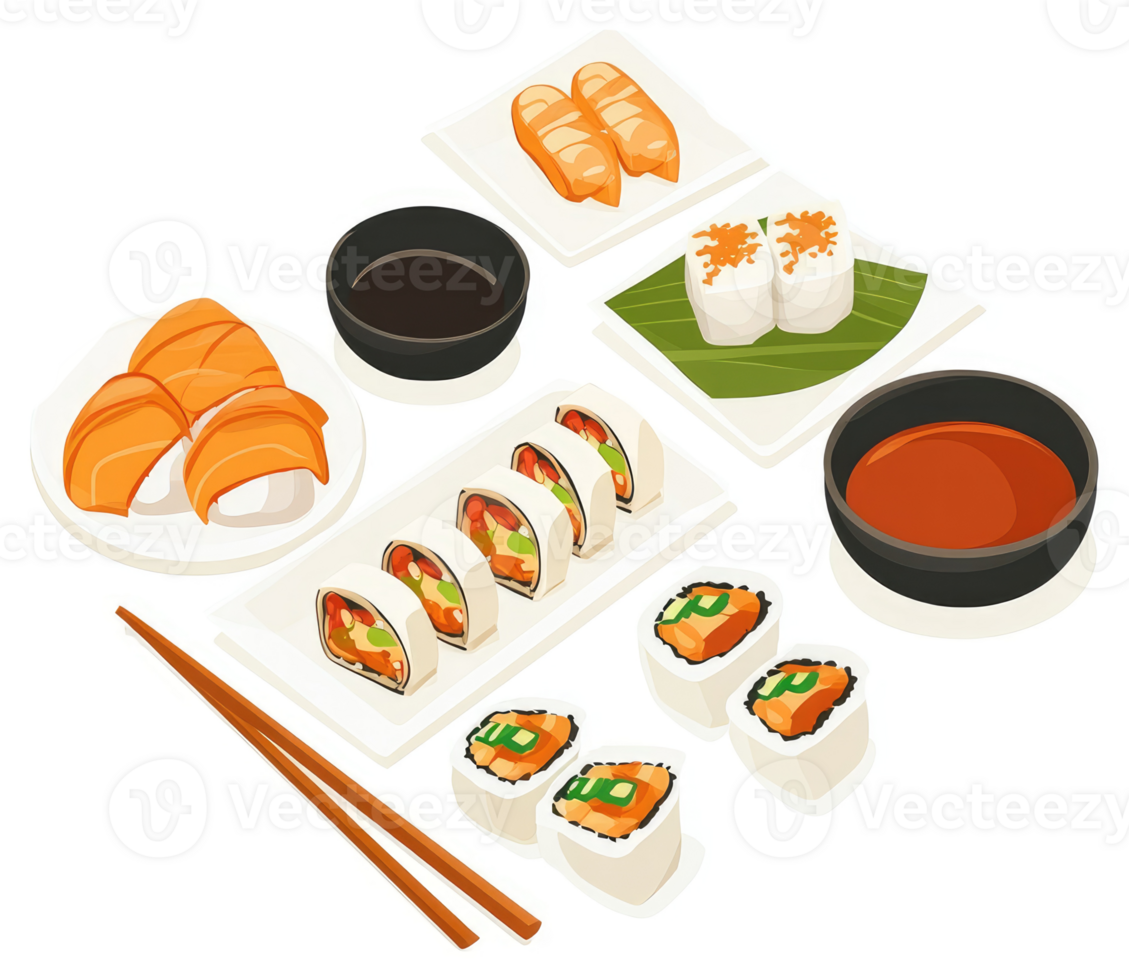 A colorful array of various sushi dishes. png
