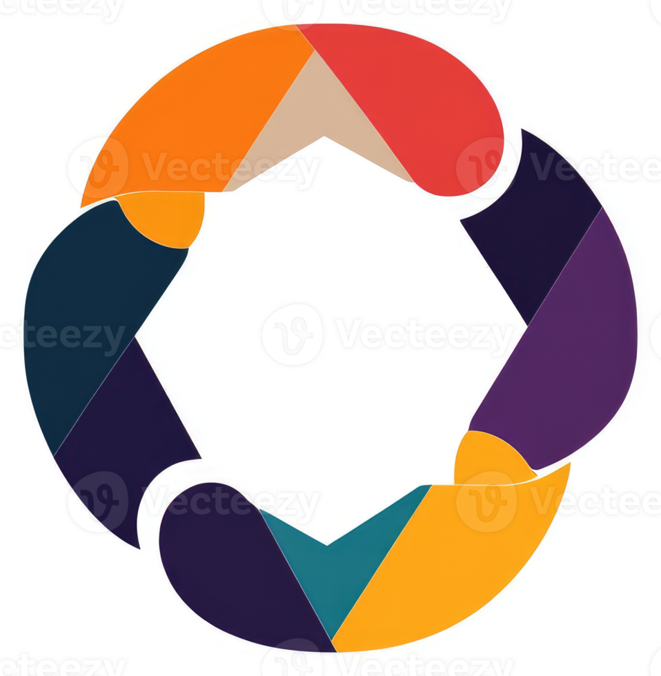 A colorful, interconnected circular design comprised of various geometric shapes. png
