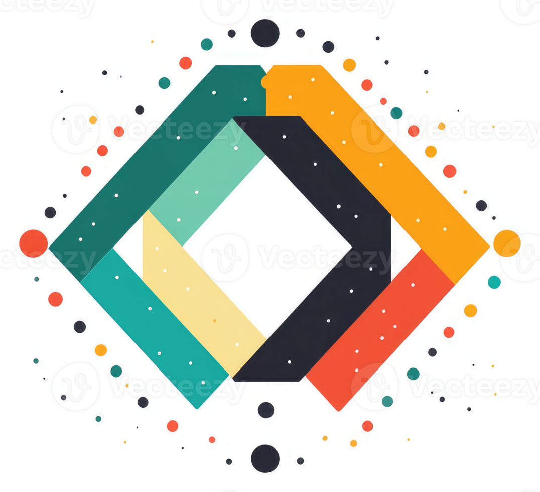 A vibrant, geometric design composed of overlapping colorful shapes. png