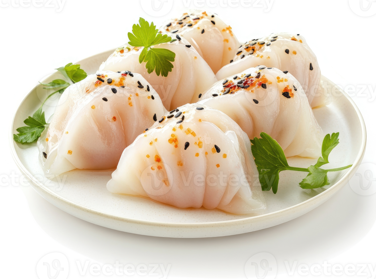Freshly prepared steamed dumplings garnished with sesame seeds. png