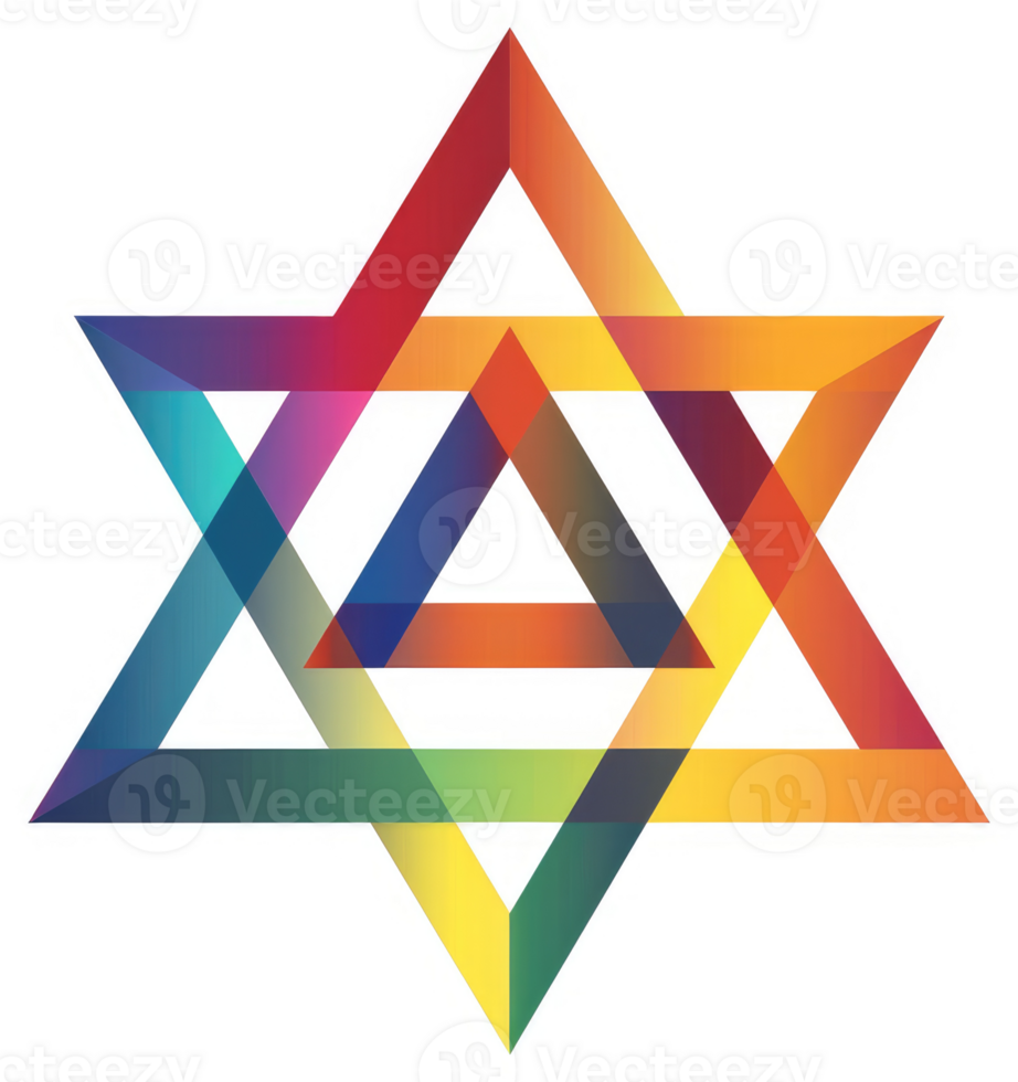 A colorful, geometric star design, overlapping triangles of vibrant hues. png