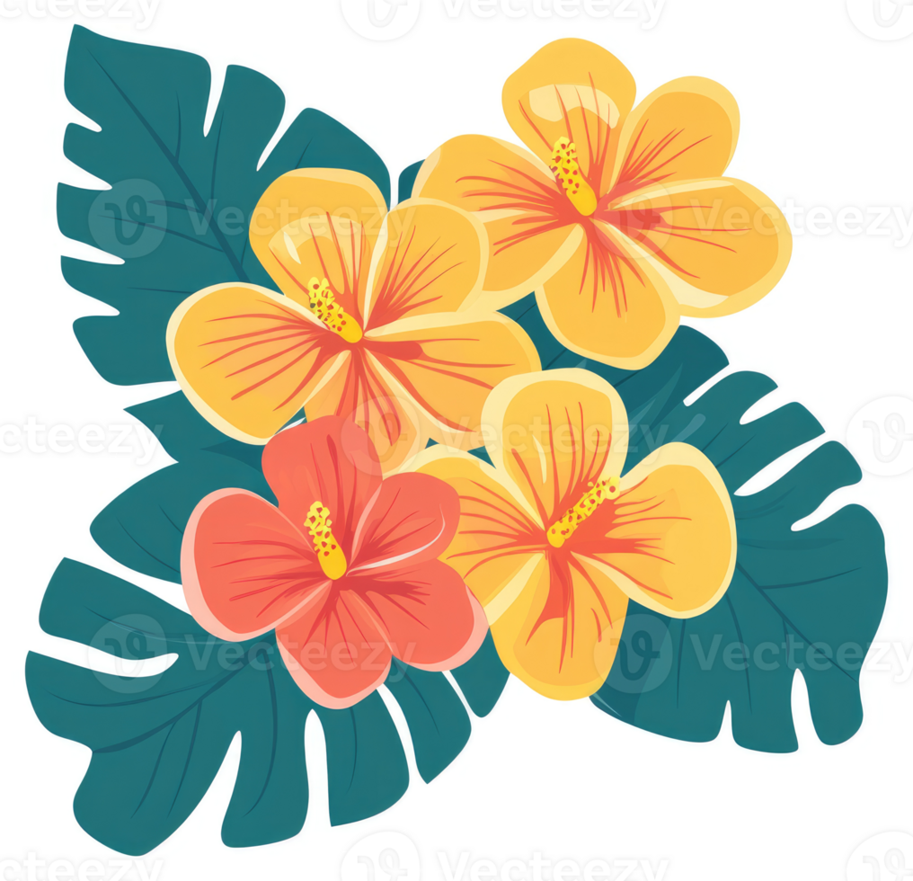 A vibrant arrangement of hibiscus flowers and tropical leaves. png