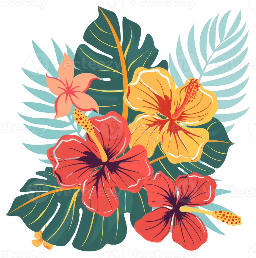 Vibrant tropical flower arrangement with lush leaves. png
