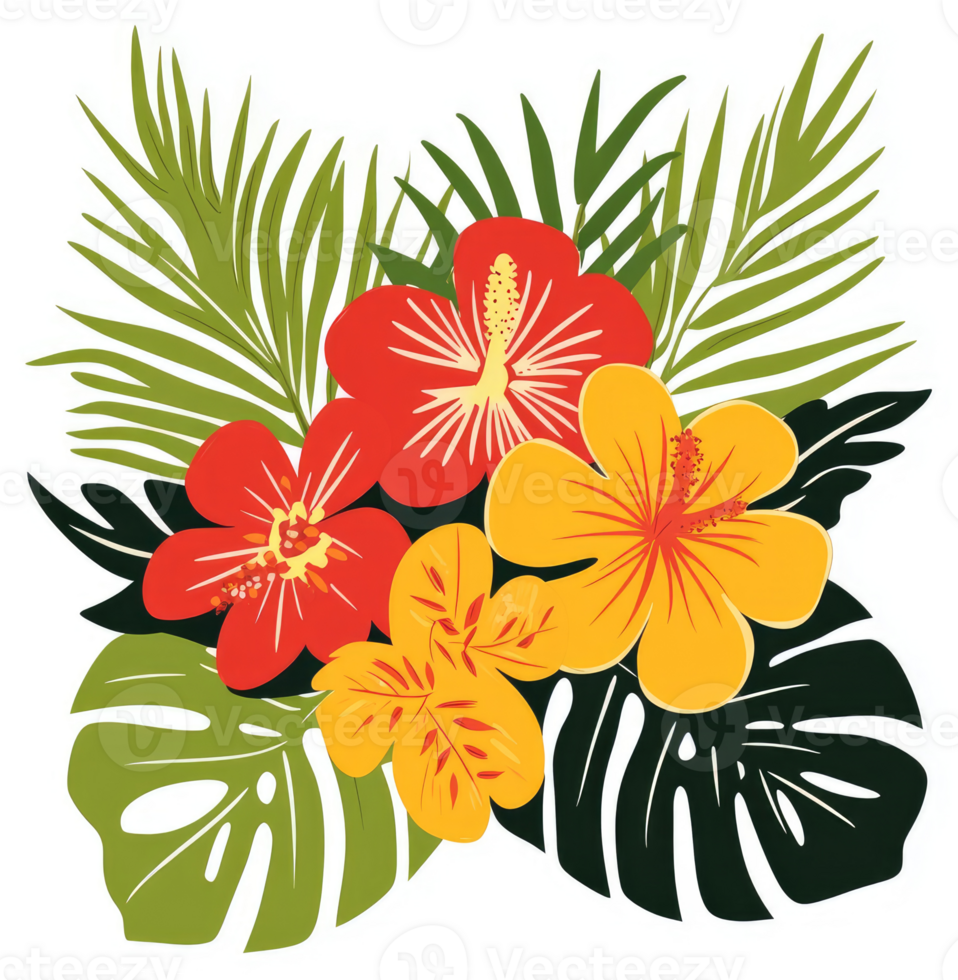 Vibrant tropical flower arrangement with hibiscus and lush leaves. png