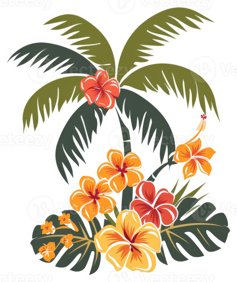 Vibrant tropical flowers and palm tree design. png