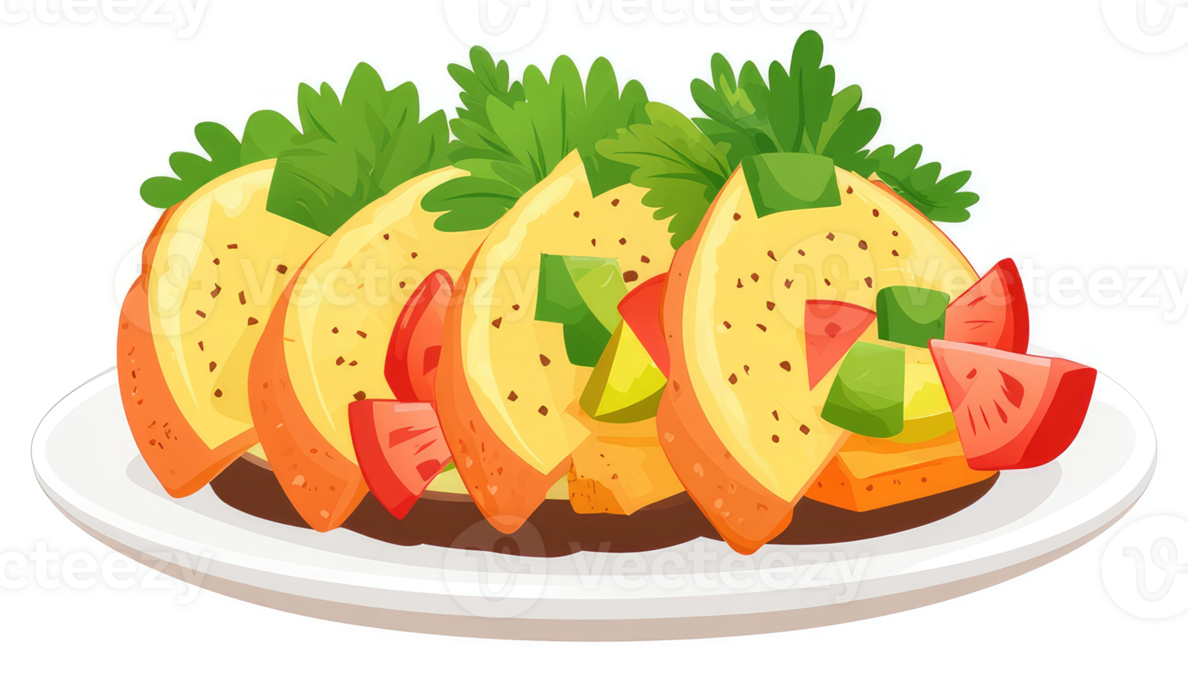 A plate of toasted bread topped with avocado, tomato, and herbs. png