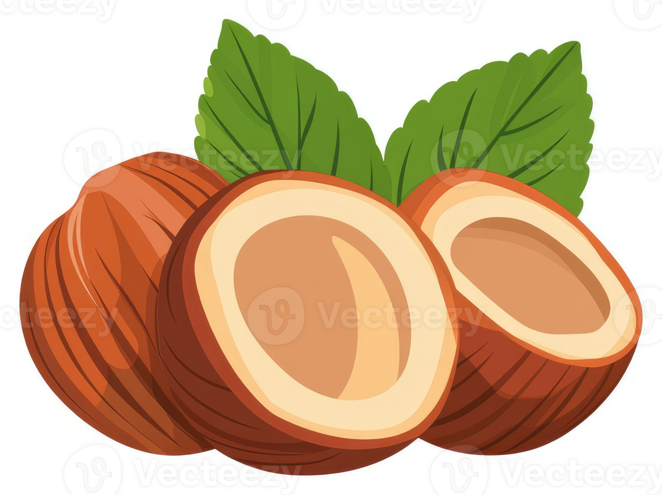 Hazelnuts with leaves, whole and halved, showcasing the nut inside. png