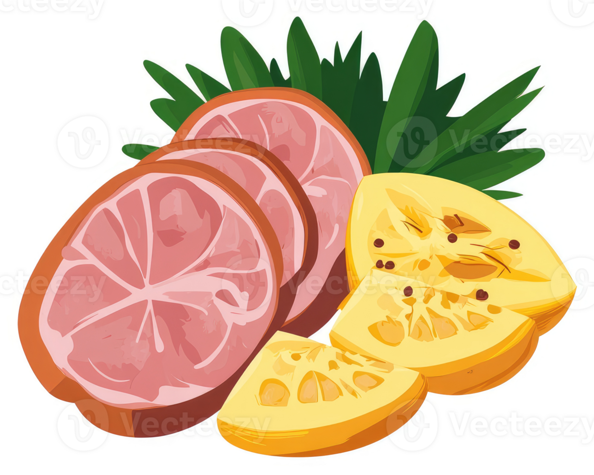 Sliced ham and yellow fruit garnished with herbs. png