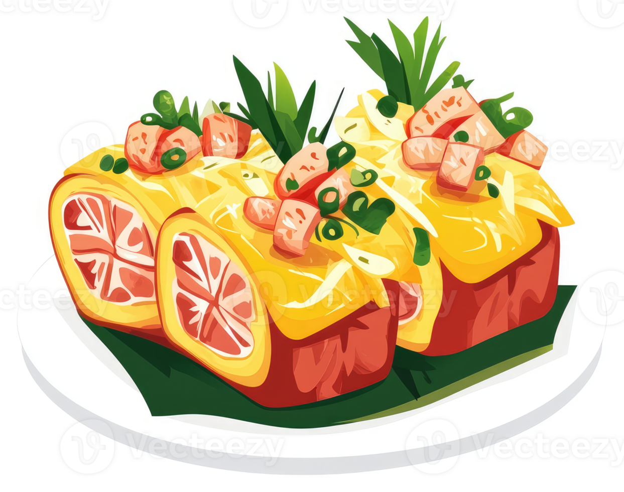 Two slices of savory egg rolls with colorful fillings. png