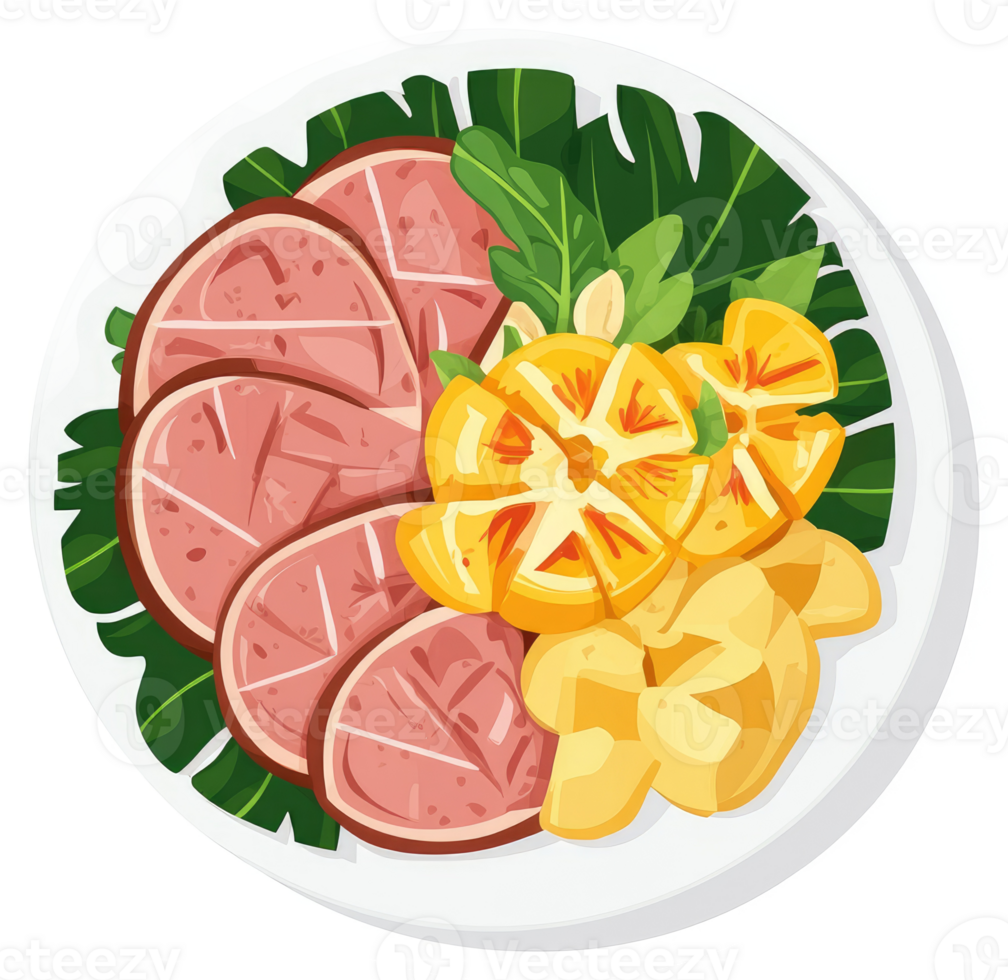 A plate of sliced meat, citrus, and tropical fruit arranged artistically. png