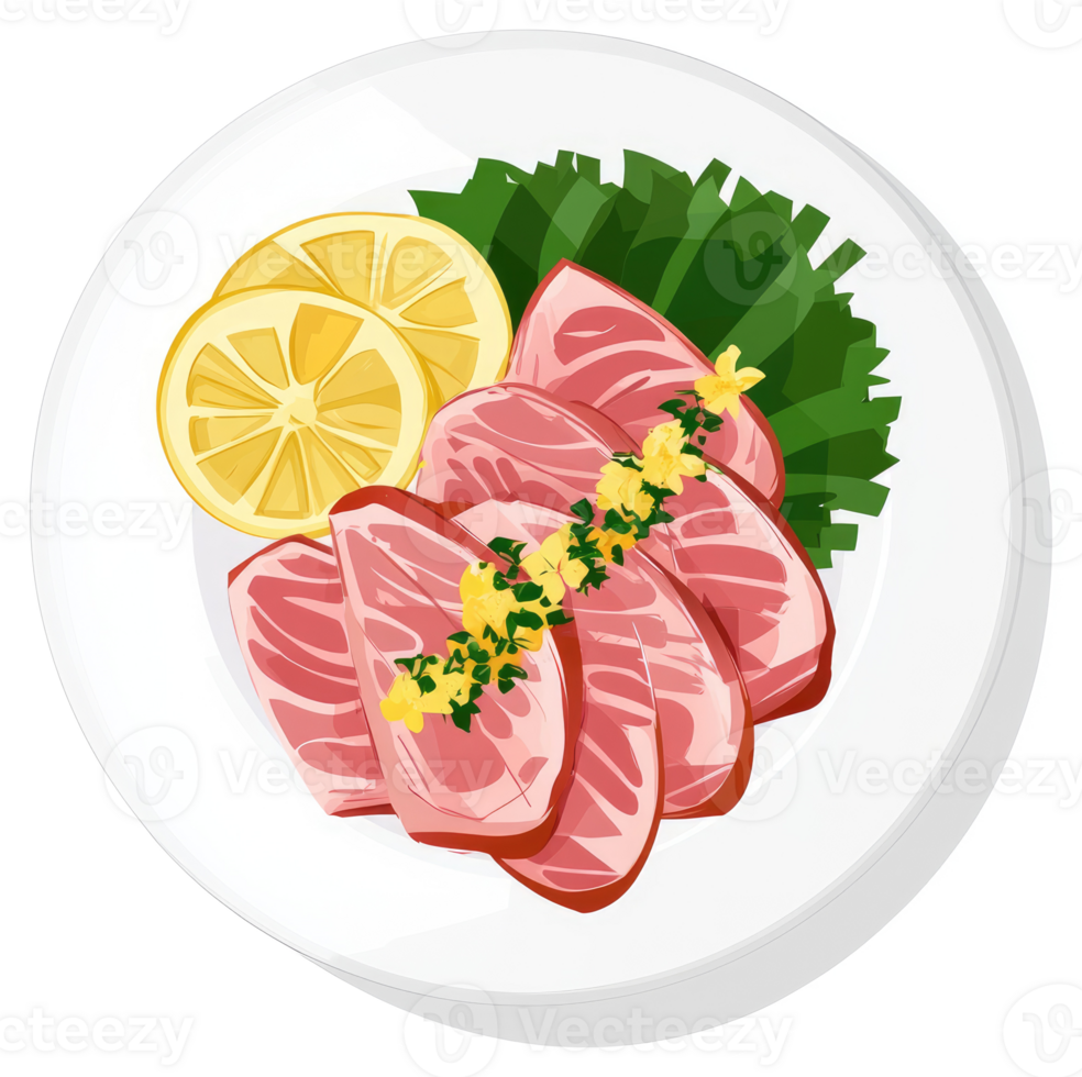 Seared tuna slices with lemon and herbs on a plate. png