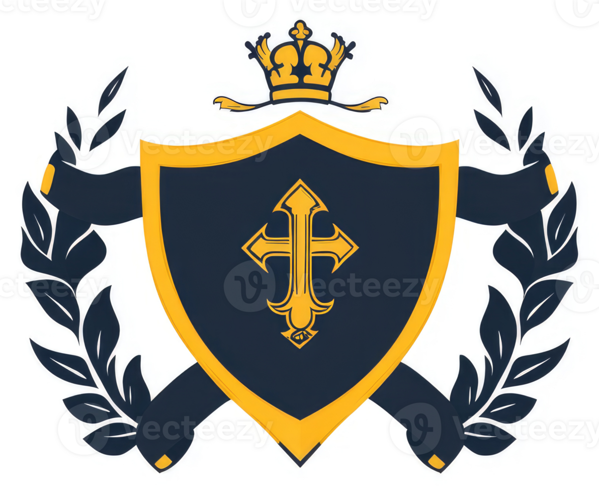 A regal shield emblem featuring a prominent cross, signifying strength and faith. png