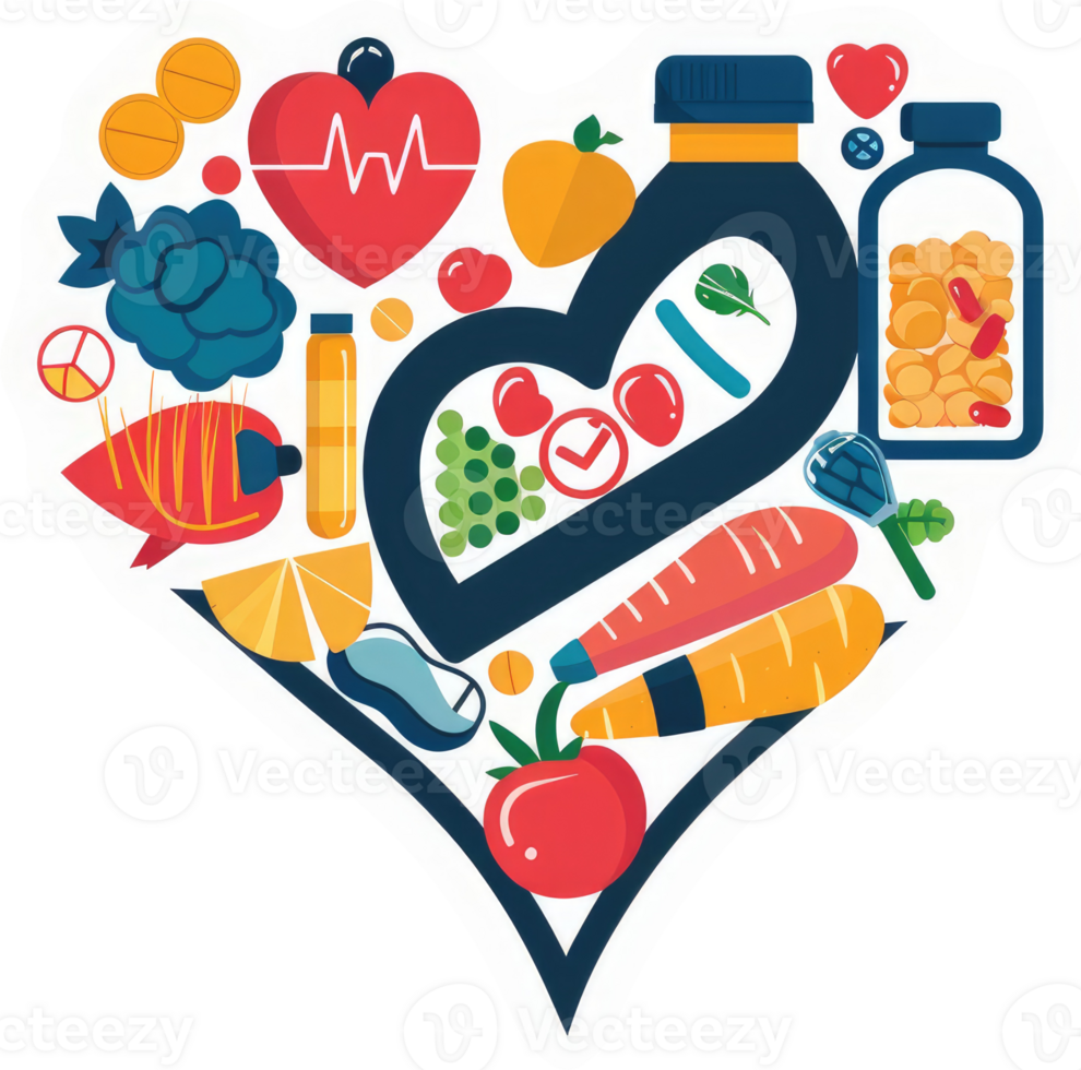 A heart-shaped design filled with various nutritious foods and health supplements, symbolizing a healthy lifestyle. png