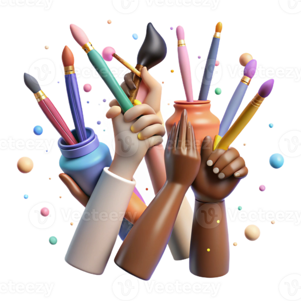 stunning vintage Diverse Hands Holding Paintbrushes Creativity Symbol Transparent Background authentic png
