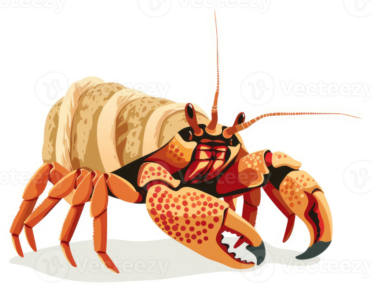 A colorful illustration of a hermit crab in a protective shell. png