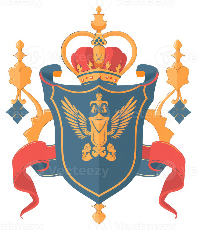 A stylized heraldic shield with a crown and decorative ribbons. png
