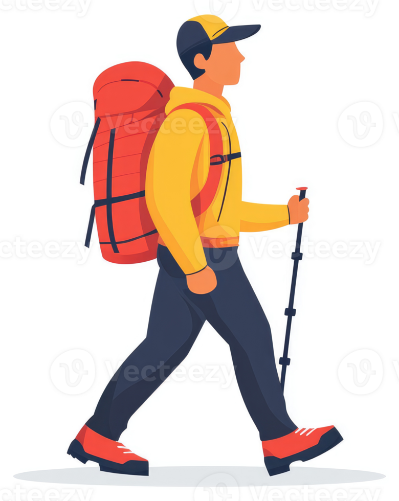A hiker with a large red backpack, walking with trekking poles. png