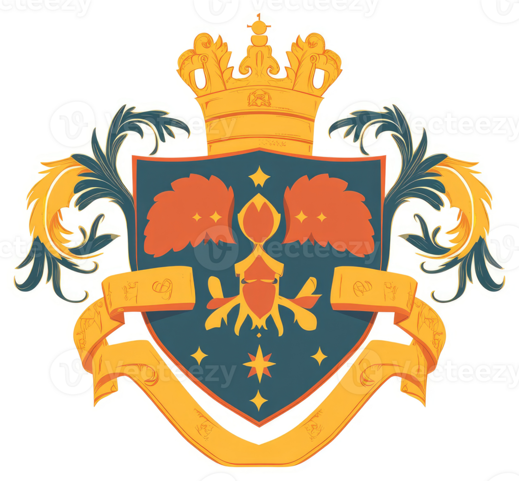 A vibrant heraldic emblem featuring a crowned shield, ornate details, and a decorative scroll. png