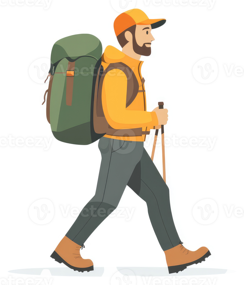 A hiker with a large backpack and trekking poles walks through the wilderness. png