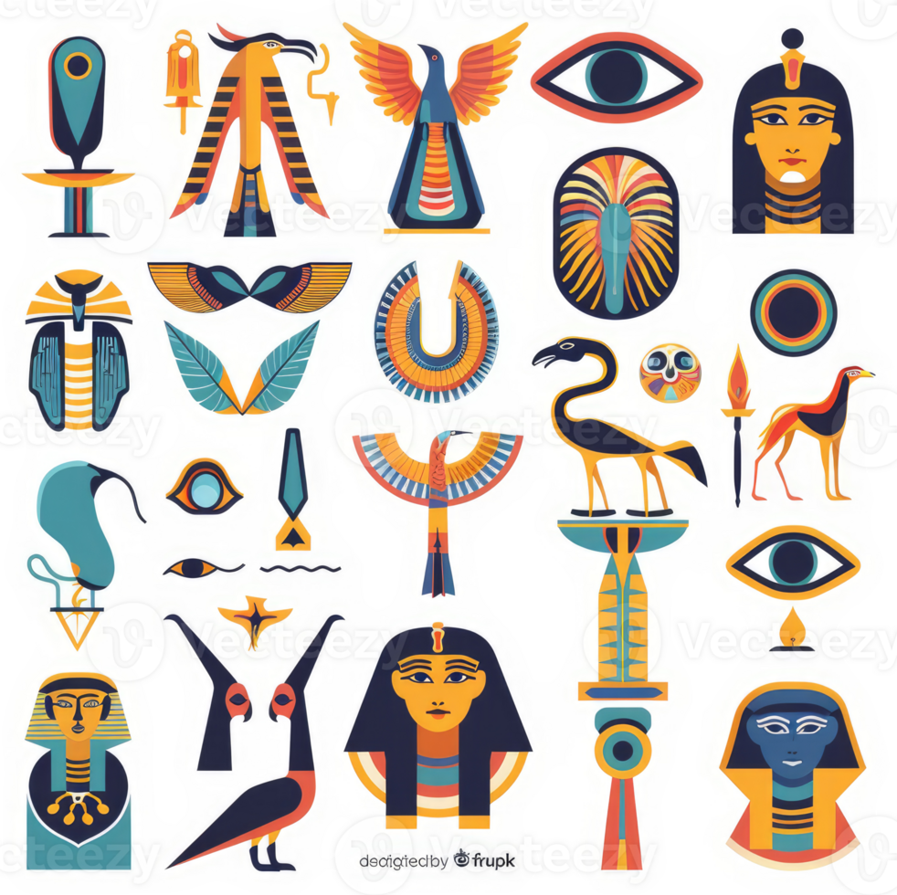 A collection of colorful egyptian symbols and figures. png