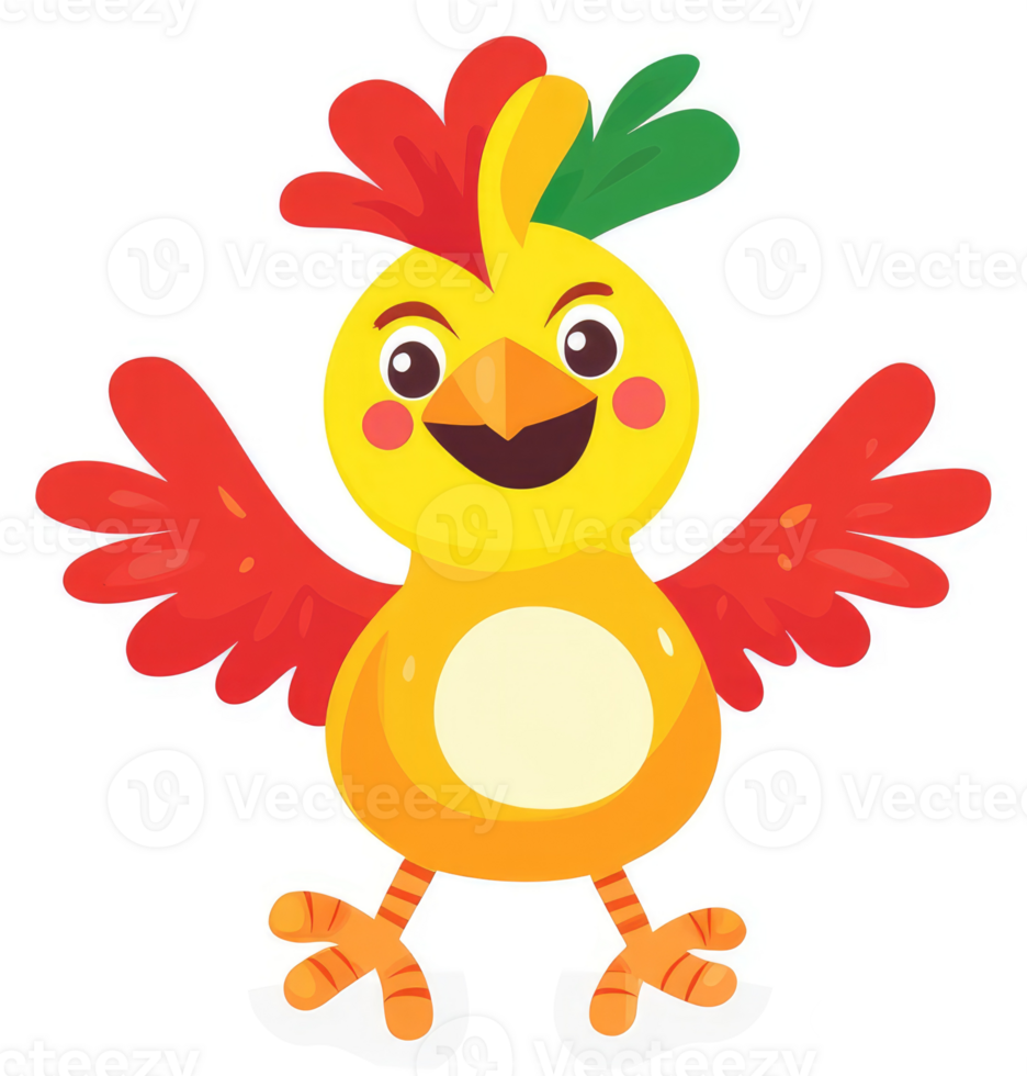A cheerful, cartoon chicken with outstretched wings. png