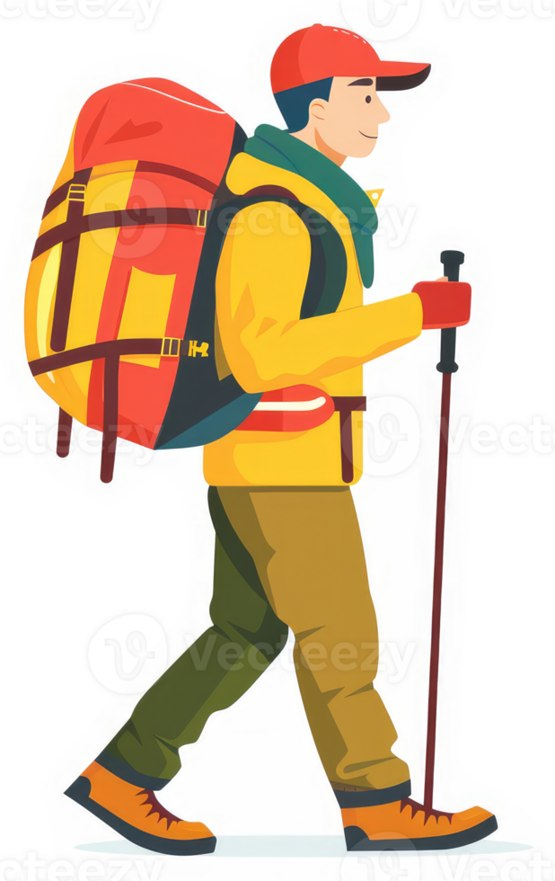 A cheerful hiker carrying a large backpack and trekking poles. png