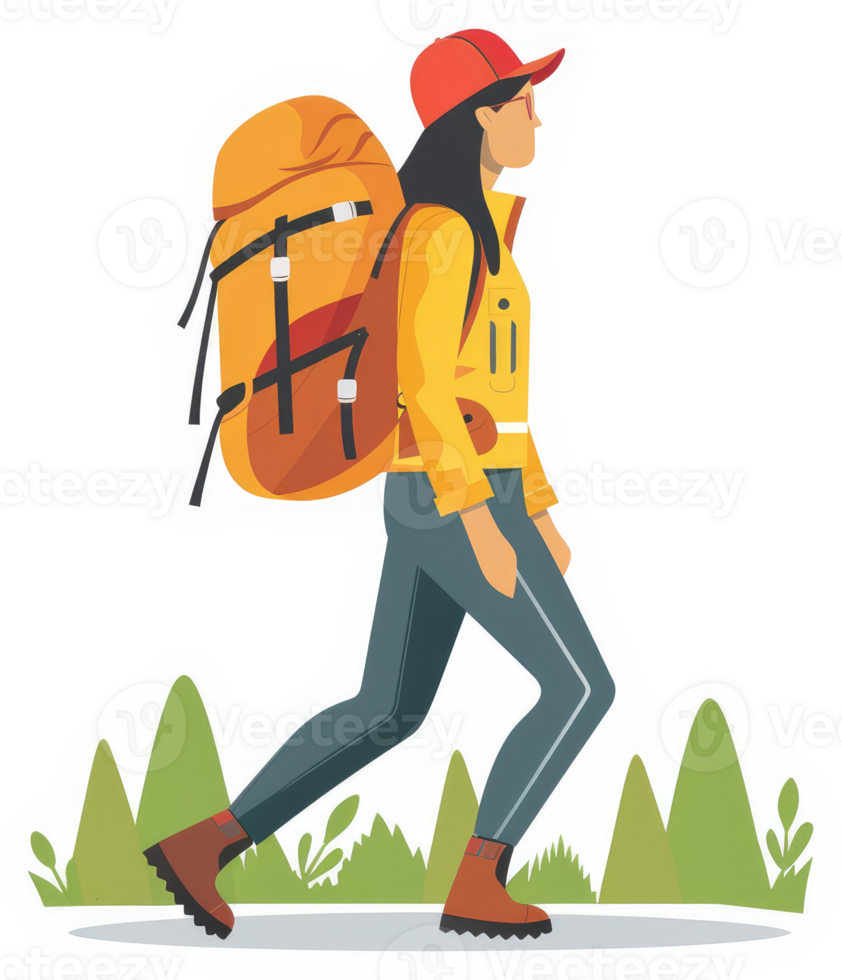 A woman hiking with a large orange backpack. png