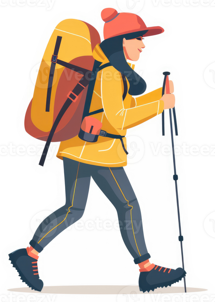 A cheerful hiker with a large backpack and trekking poles. png