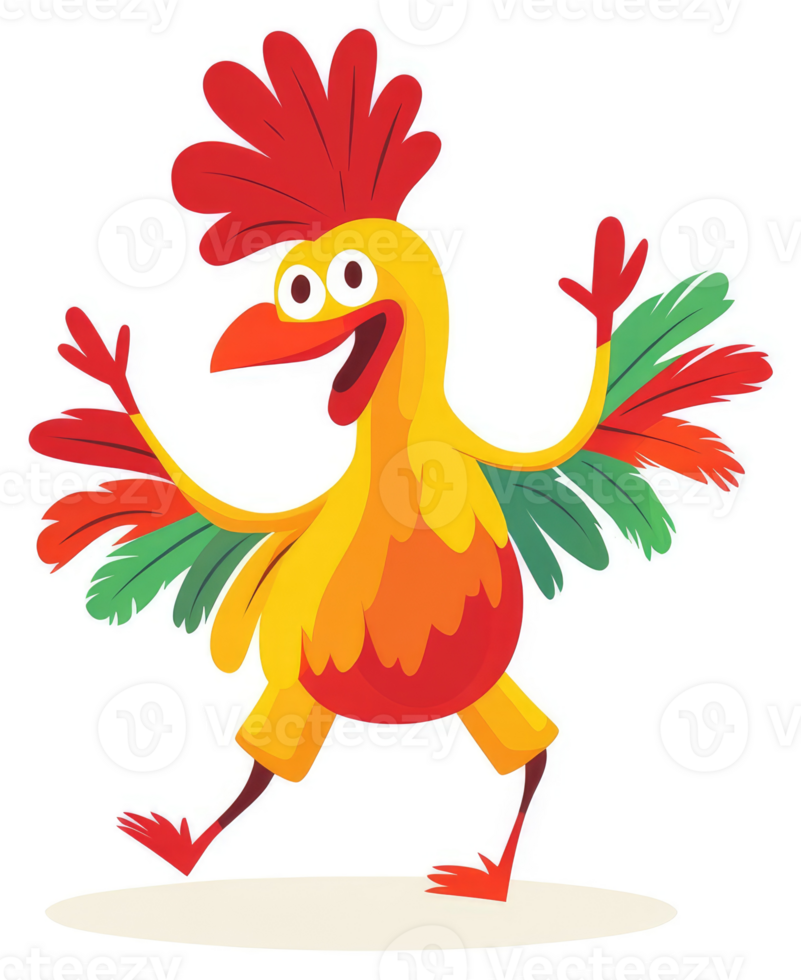 A joyful, cartoon rooster with colorful feathers. png