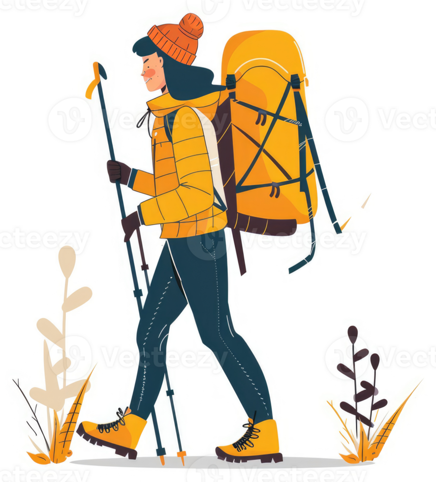 A woman hiking with trekking poles and a large backpack. png