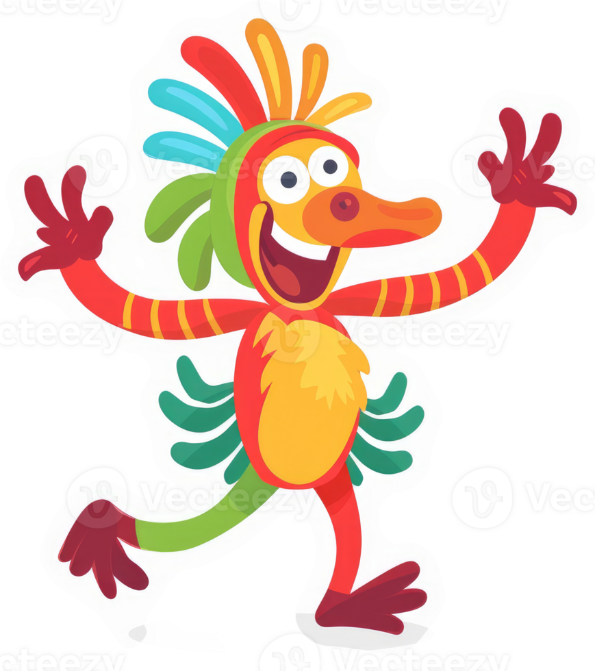 A vibrant, cartoon character with colorful feathers and stripes. png