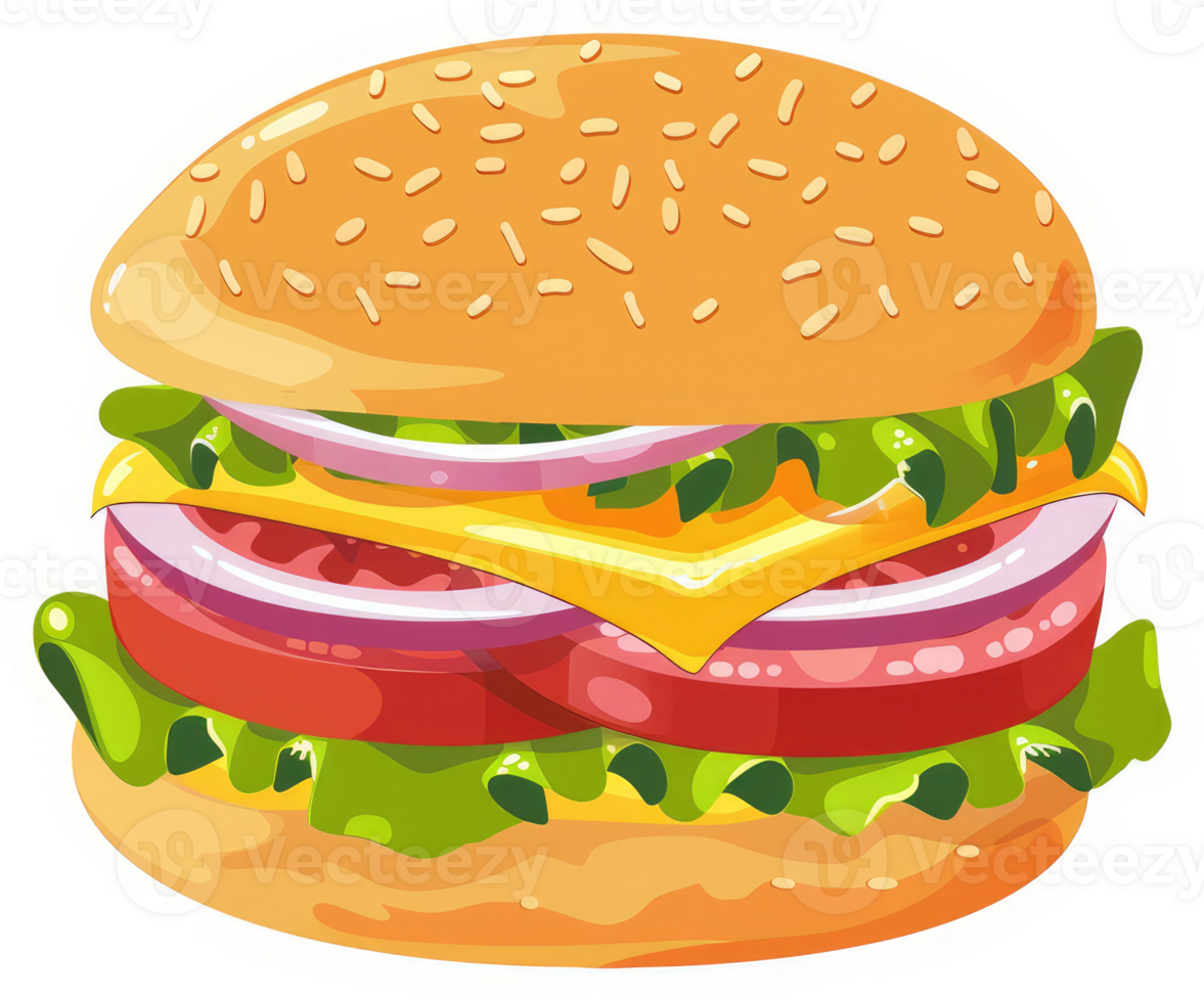 A colorful cartoon illustration of a juicy cheeseburger. png