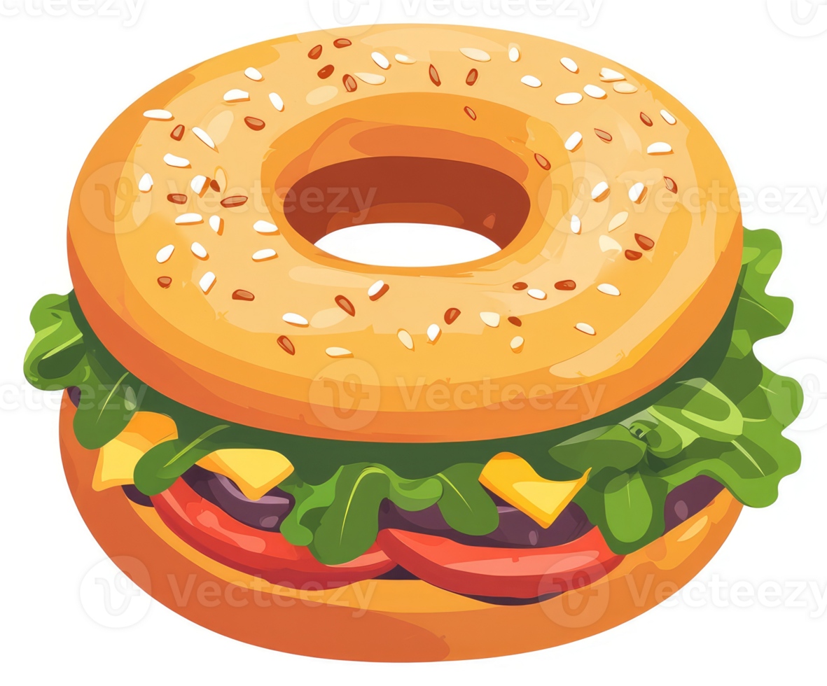 A bagel sandwich filled with lettuce, cheese, and tomato. png