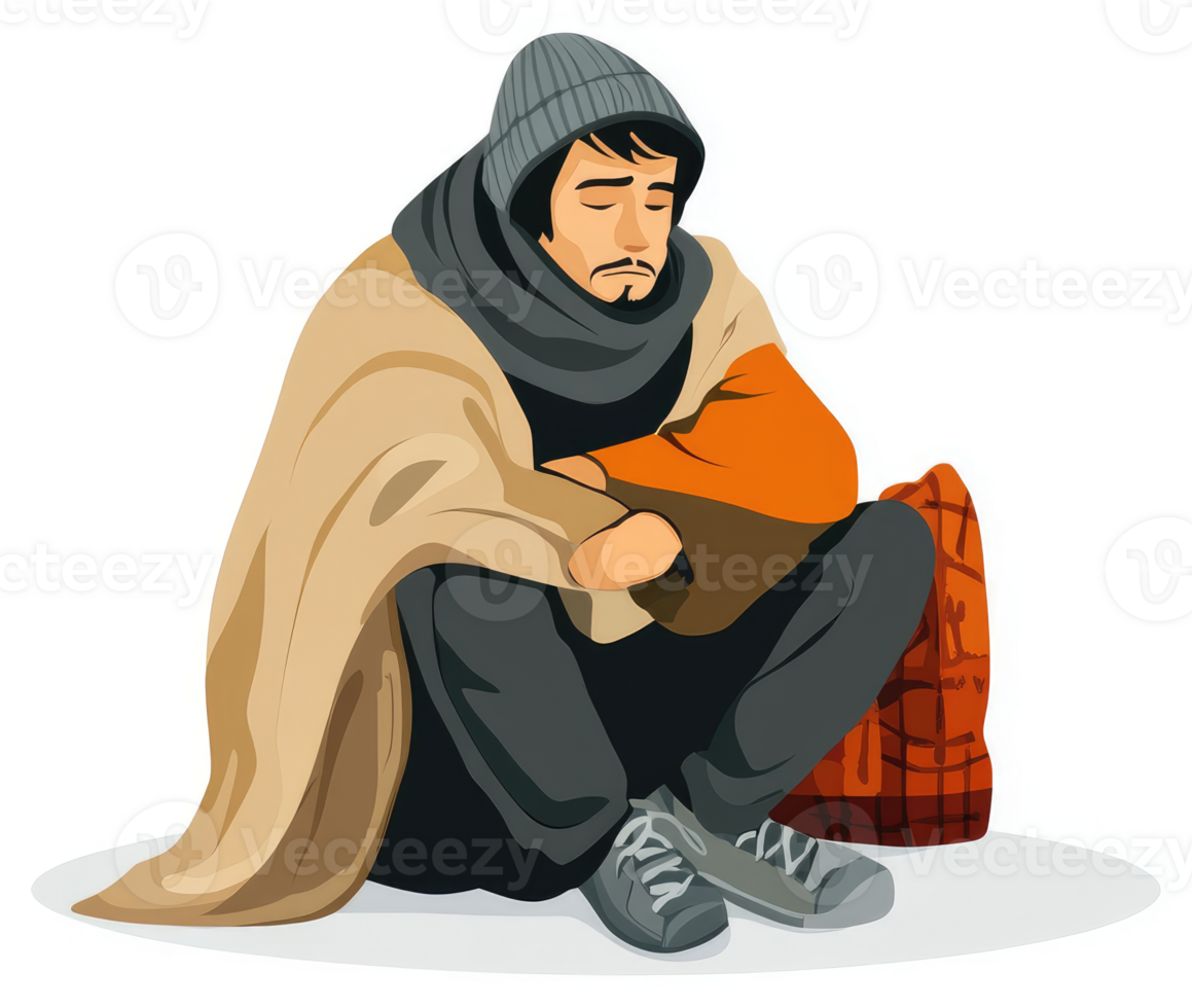 A depiction of a homeless person huddled in the cold, seeking warmth and comfort. png