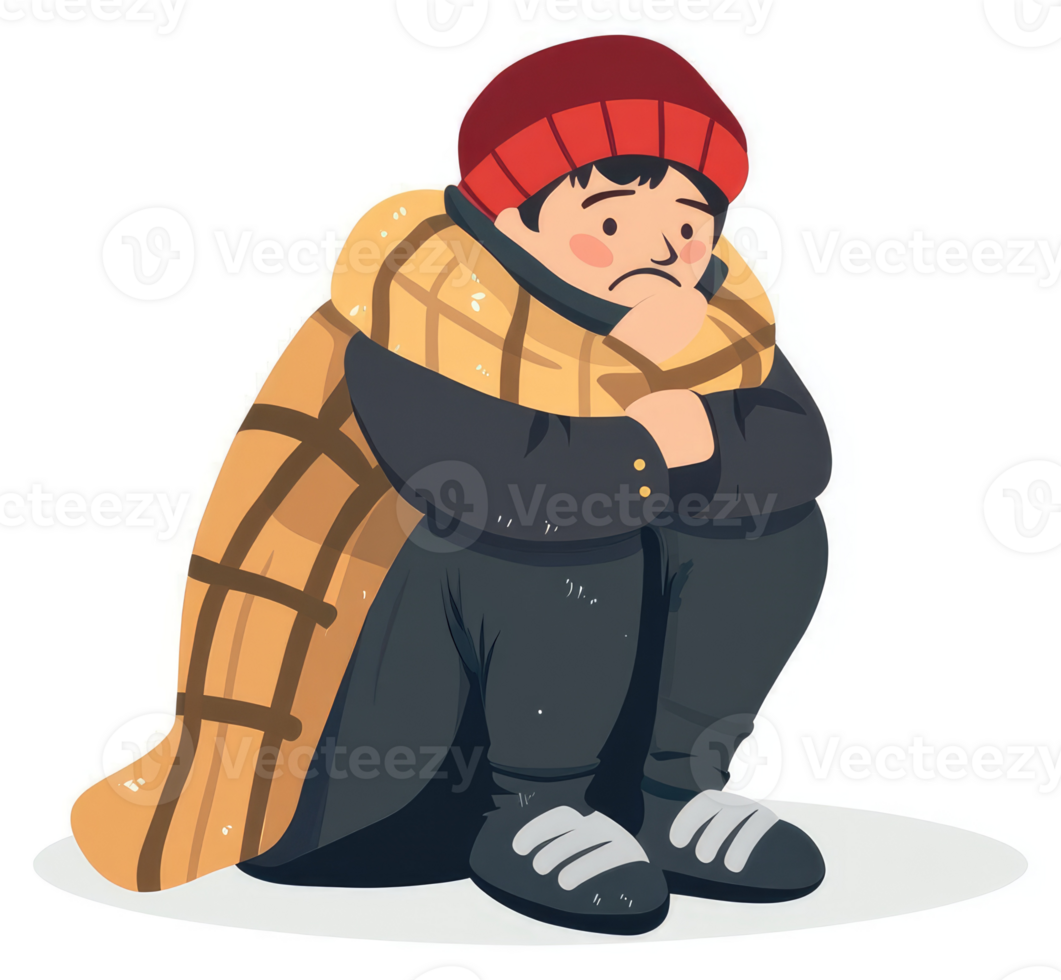 A young person huddled in a blanket, appearing cold and alone. png