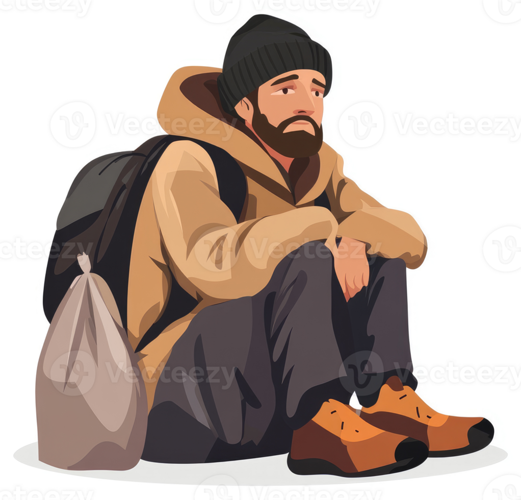 A lone, weary traveler sits, laden with a backpack, contemplating their journey. png