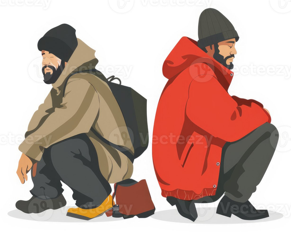 Two individuals crouched in winter outerwear, appearing homeless or impoverished. png