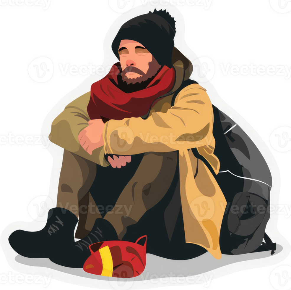 A lone traveler sits huddled, burdened by the cold and hardship. png