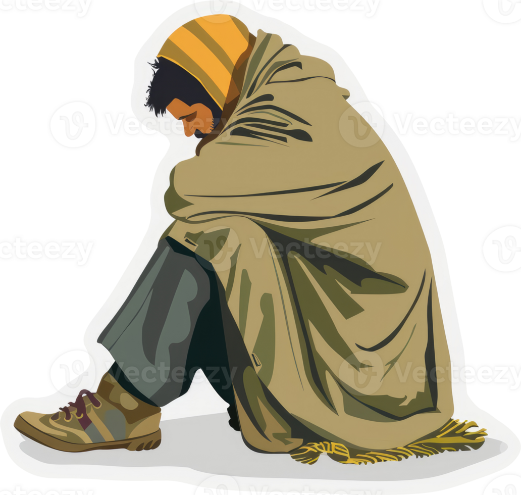 A homeless man huddled in a beige blanket, seeking warmth and solace. png