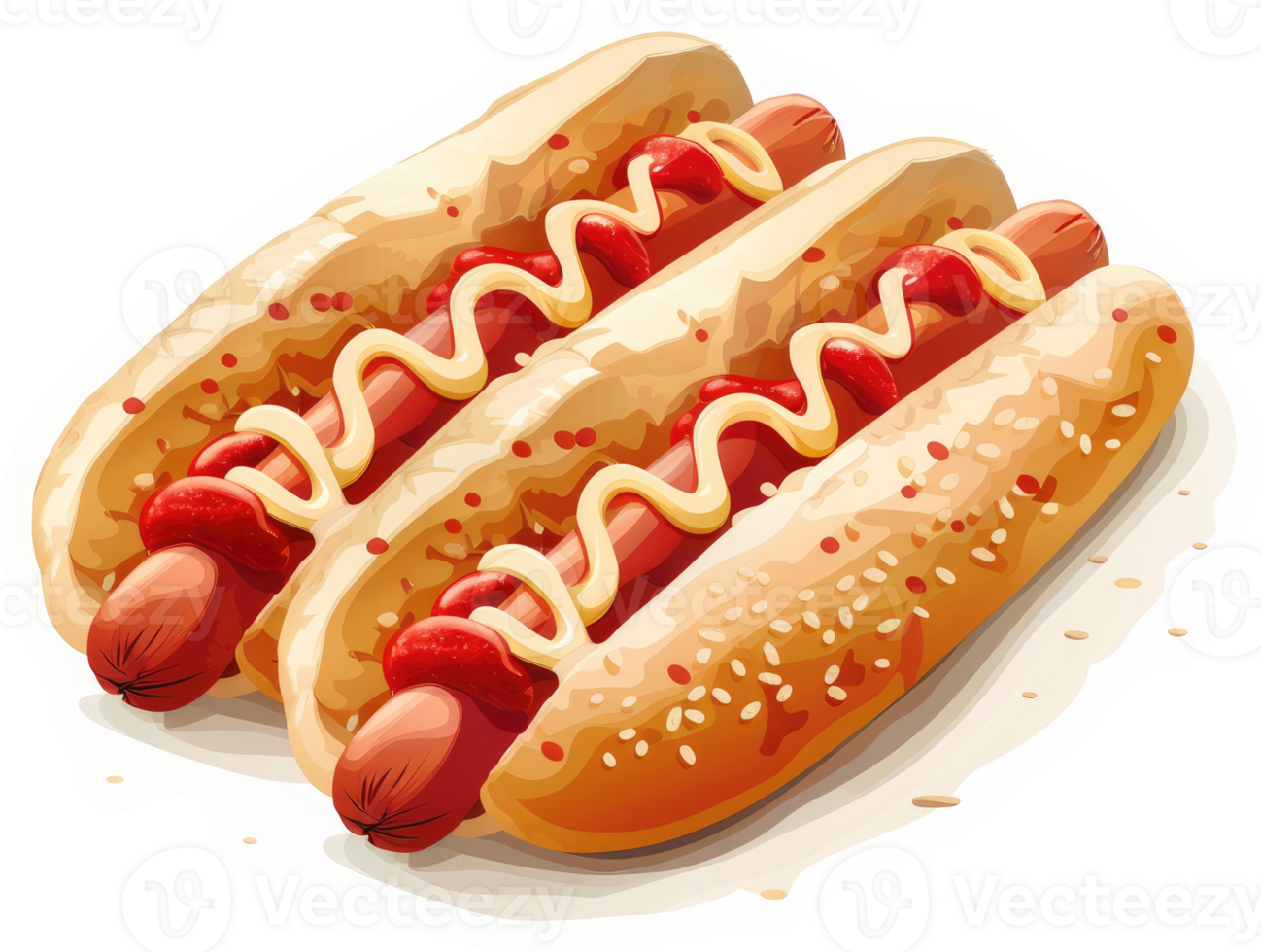 Two hot dogs on buns, topped with ketchup and mustard. png