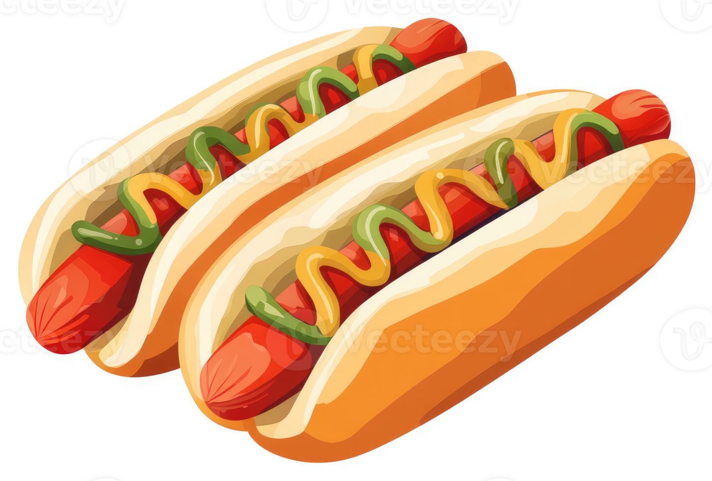 Two hot dogs topped with yellow mustard and green relish. png